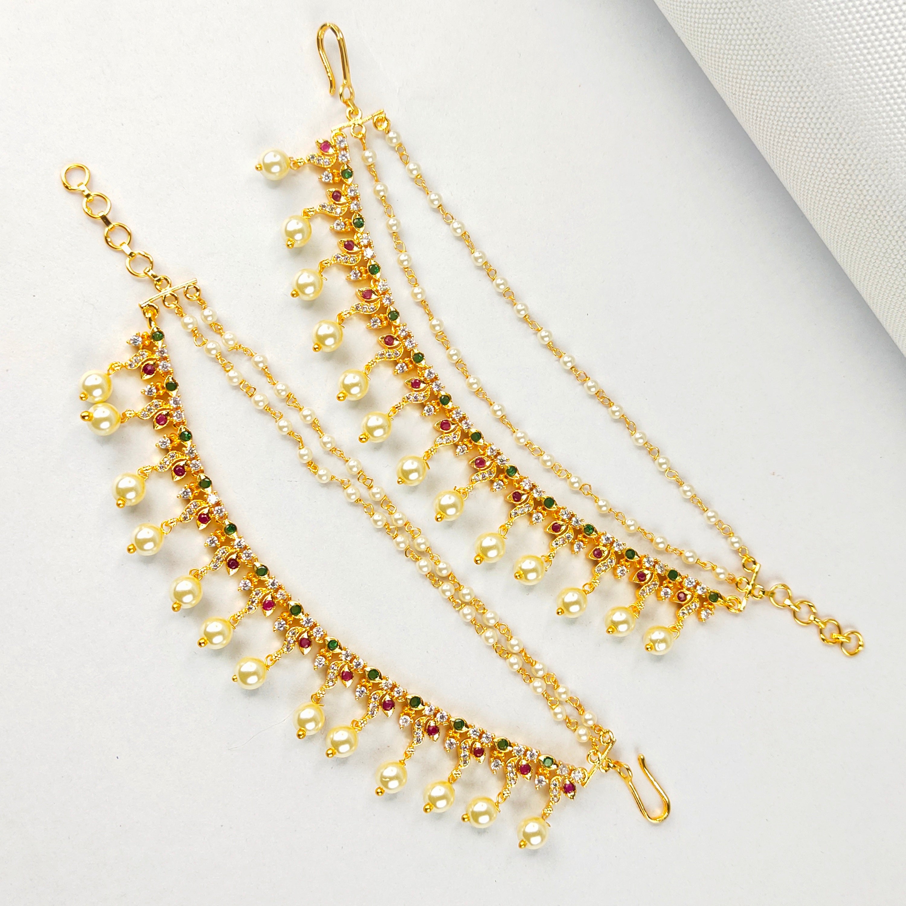 CZ Ruby Emerald Champaswaralu - 24K Gold Plated Ear Chains