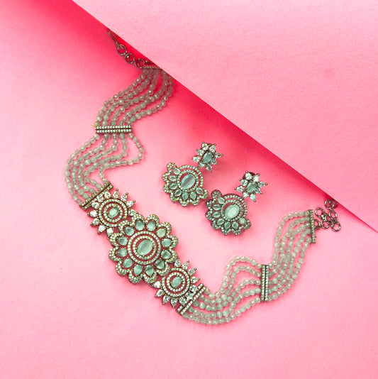 Gray beads choker with American diamond pendant By Asp Fashion Jewellery