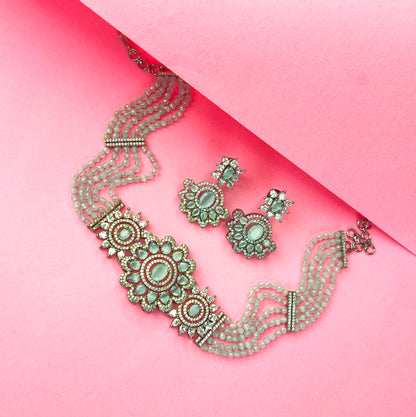 Gray beads choker with American diamond pendant By Asp Fashion Jewellery