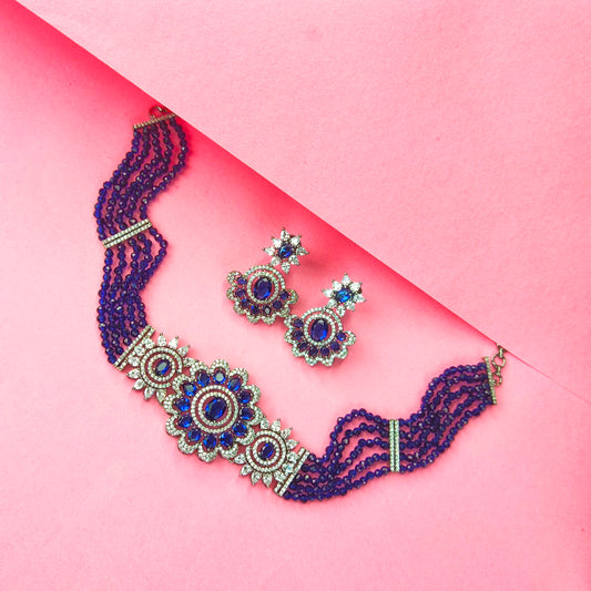 Blue beads choker with American diamond pendant By Asp Fashion Jewellery