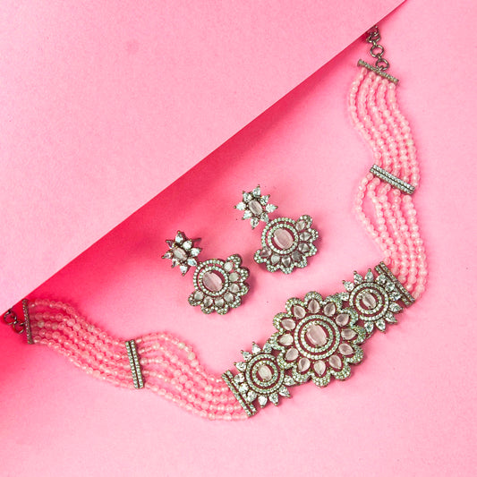 Pink beads choker with American diamond pendant By Asp Fashion Jewellery