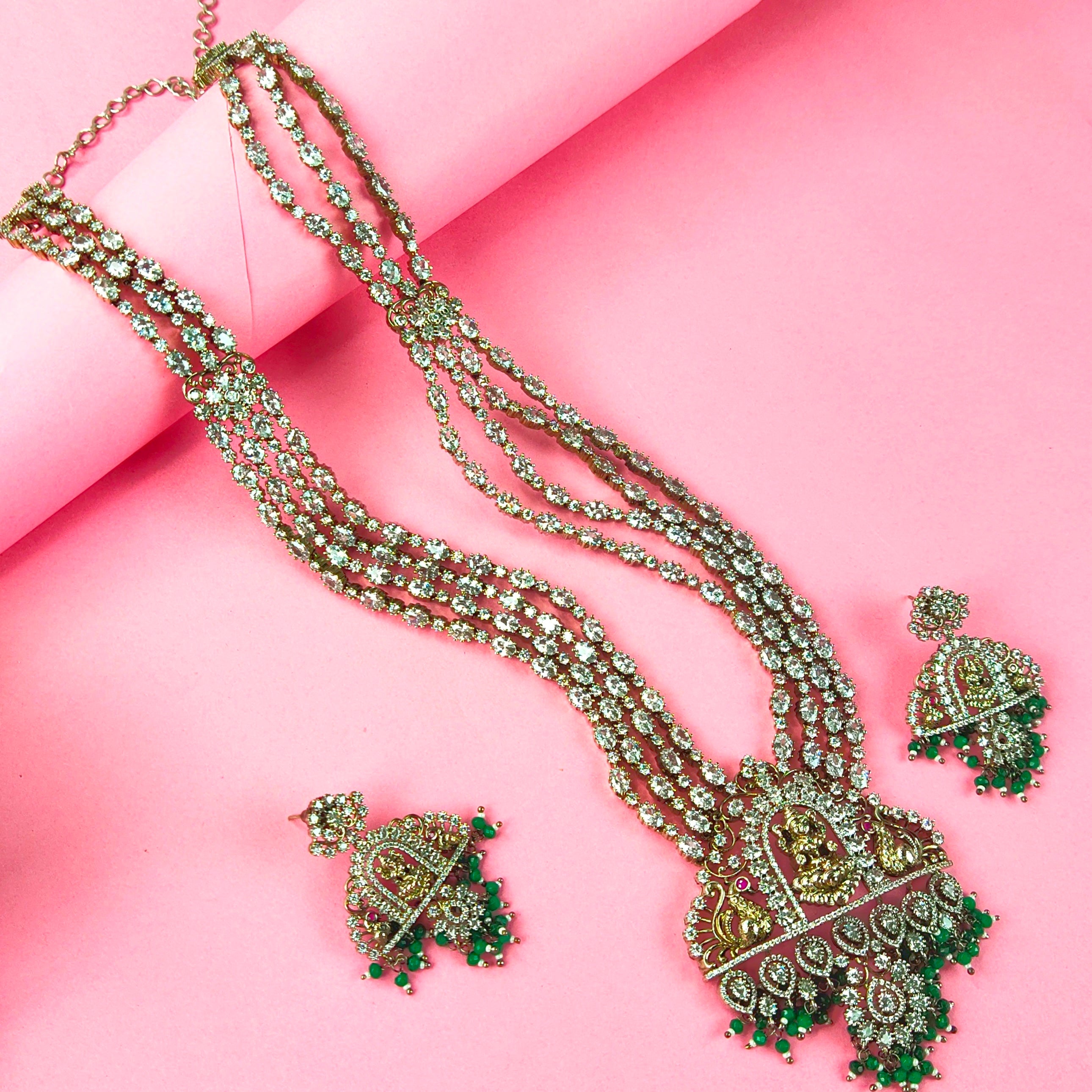 Victorian Polki Emerald Laxmi Haram - 32 Inch Kundan American Diamond Long Necklace