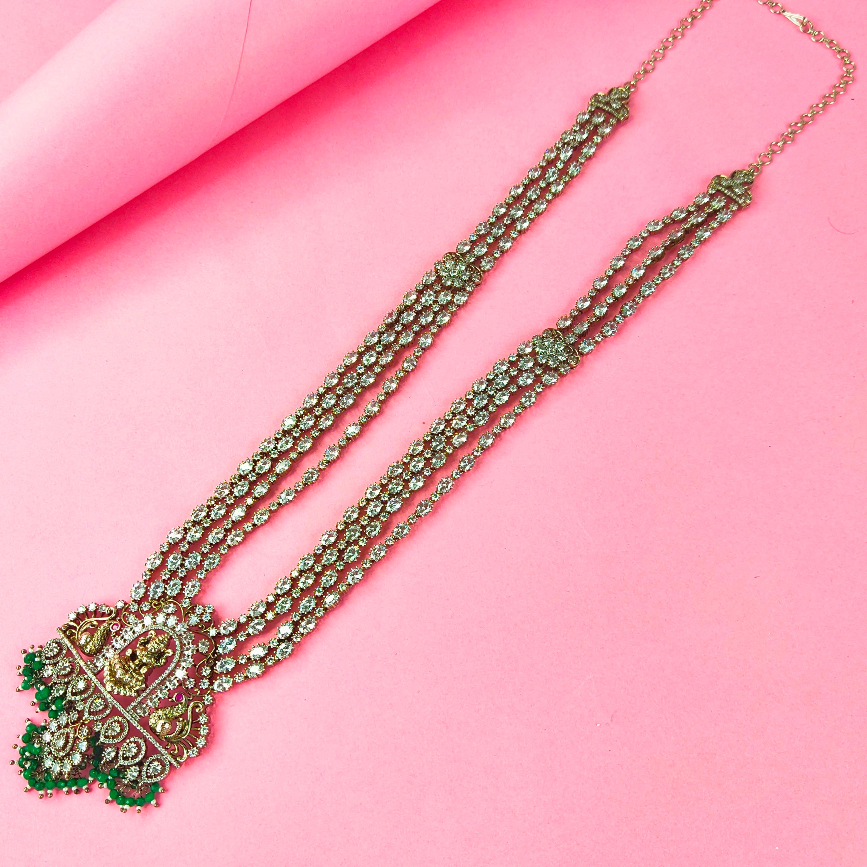 Victorian Polki Emerald Laxmi Haram - 32 Inch Kundan American Diamond Long Necklace