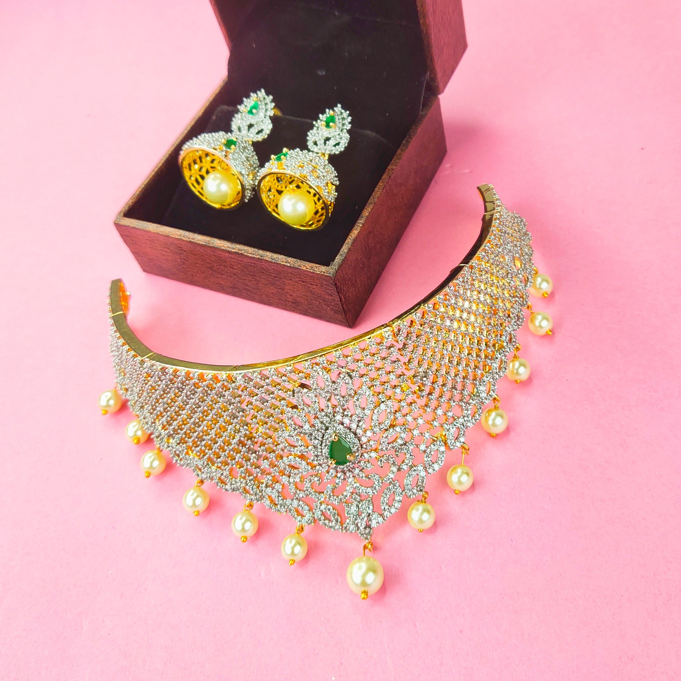 Ganesha Real Kemp Heavy Bridal CZ Choker Necklace Set – diya jewellery india