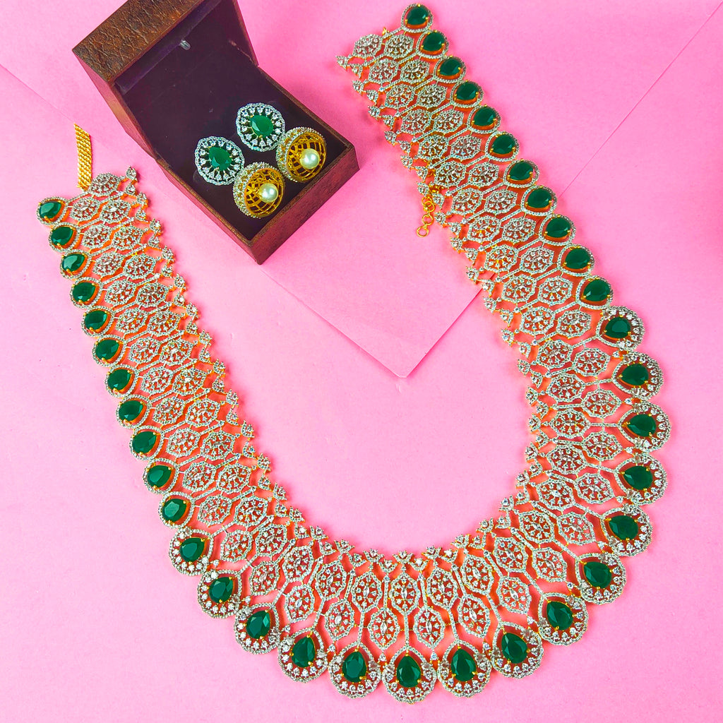 Floral American Diamond Necklace - 24K Gold Plated Bridal Jewelry Set