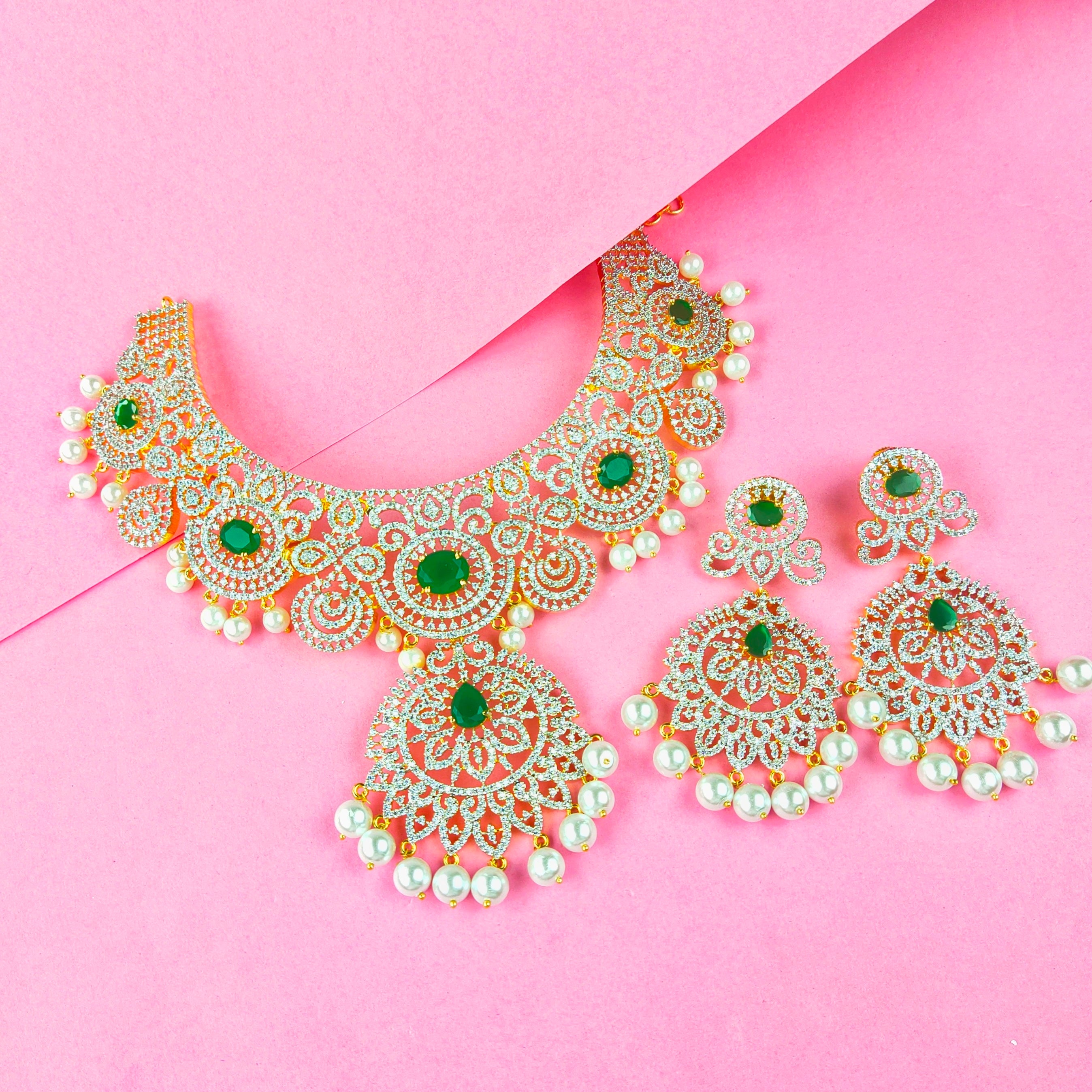 Impressive American Diamond Necklace - Emerald Ruby Pearl Jewellery