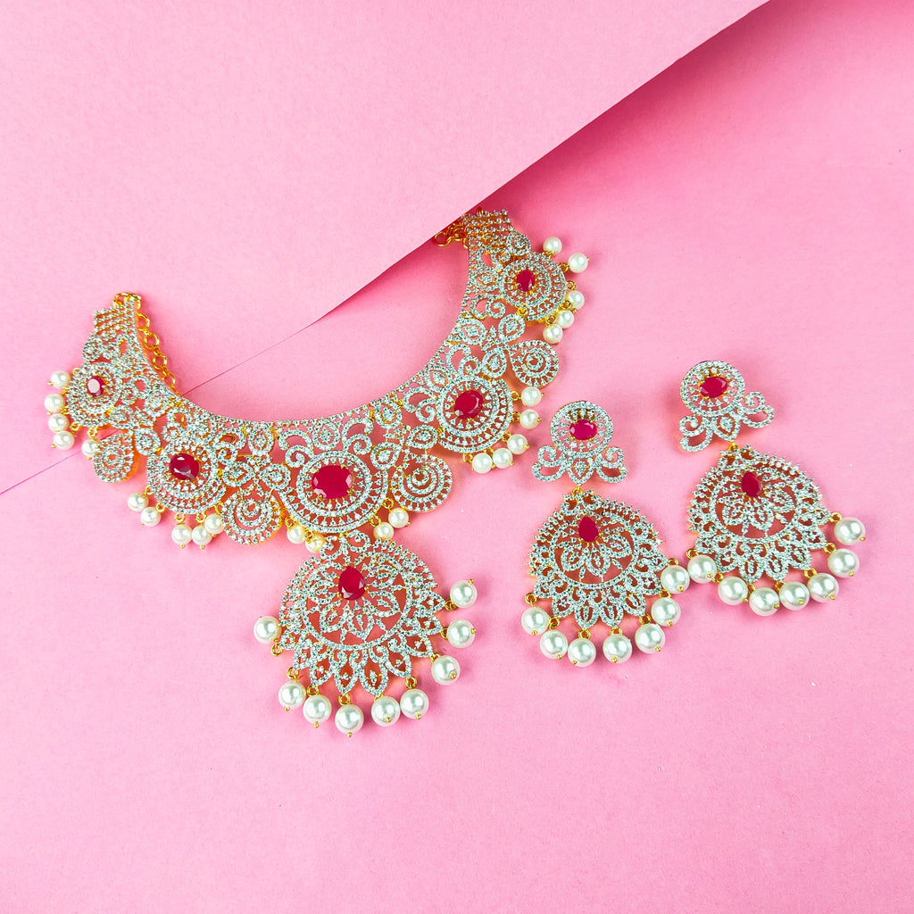 Impressive American Diamond Necklace - Emerald Ruby Pearl Jewellery