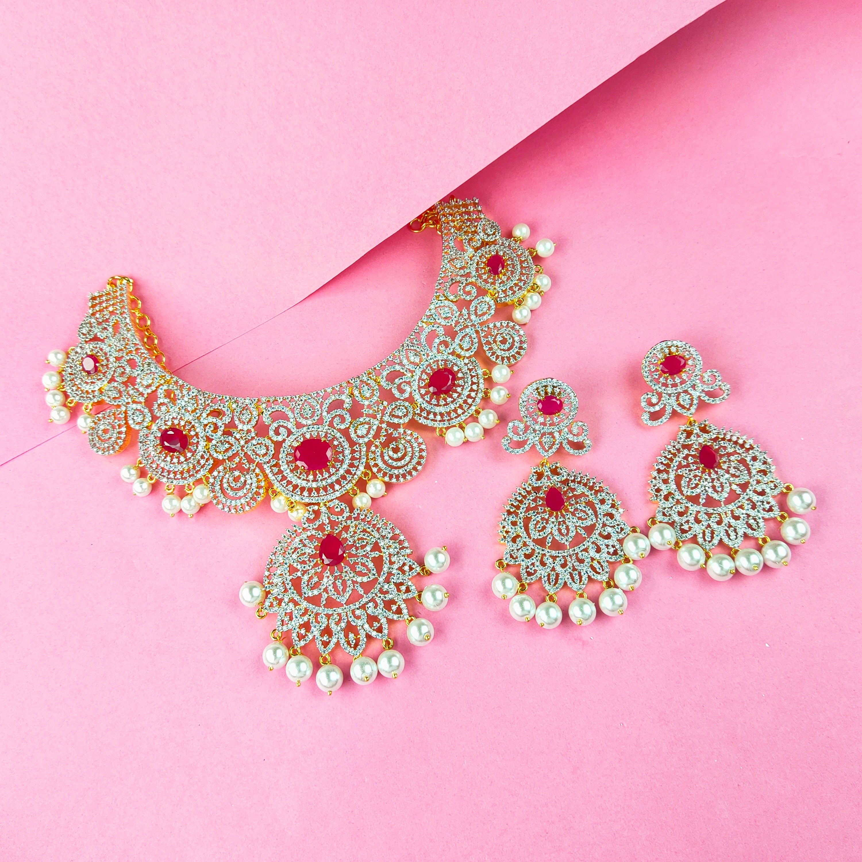 Impressive American Diamond Necklace - Emerald Ruby Pearl Jewellery