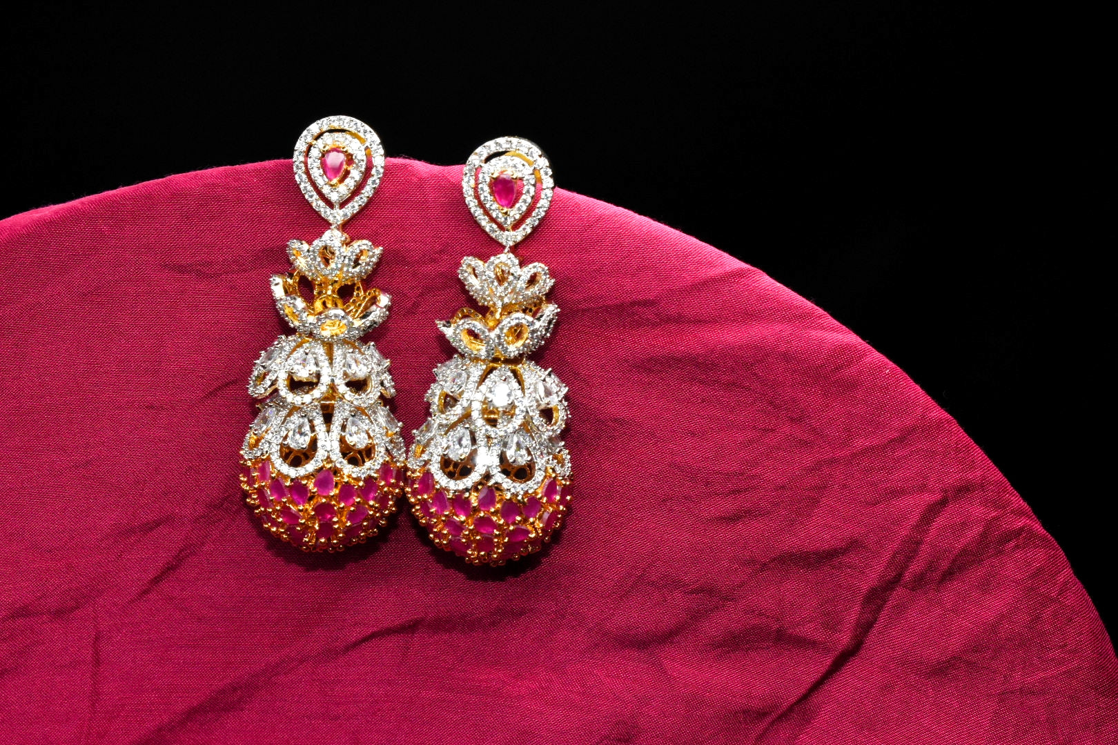 American Diamond Jhumki Earrings - 24K Gold Plated Traditional Indian Jewelry