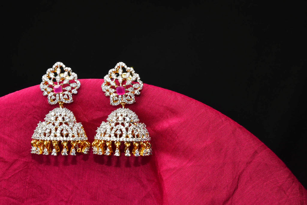 Elegant American Diamond Jumka Earrings - 24K Gold Plated Traditional Jewelry
