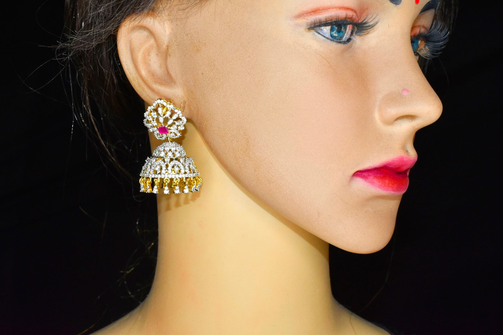 Elegant American Diamond Jumka Earrings - 24K Gold Plated Traditional Jewelry