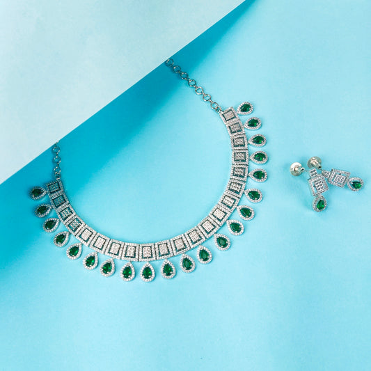 Sensational American Diamond & Emeralds Silver Plated Necklace Set By Asp Fashion Jewellery