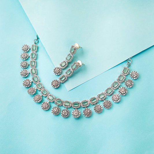Sensational Silver Plated Pastel Green American Diamonds Necklace Set By Asp Fashion Jewellery