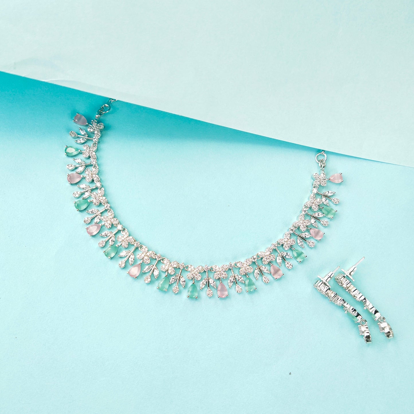 Pastel Green With Pink Cz Necklace Set By Asp Fashion Jewellery