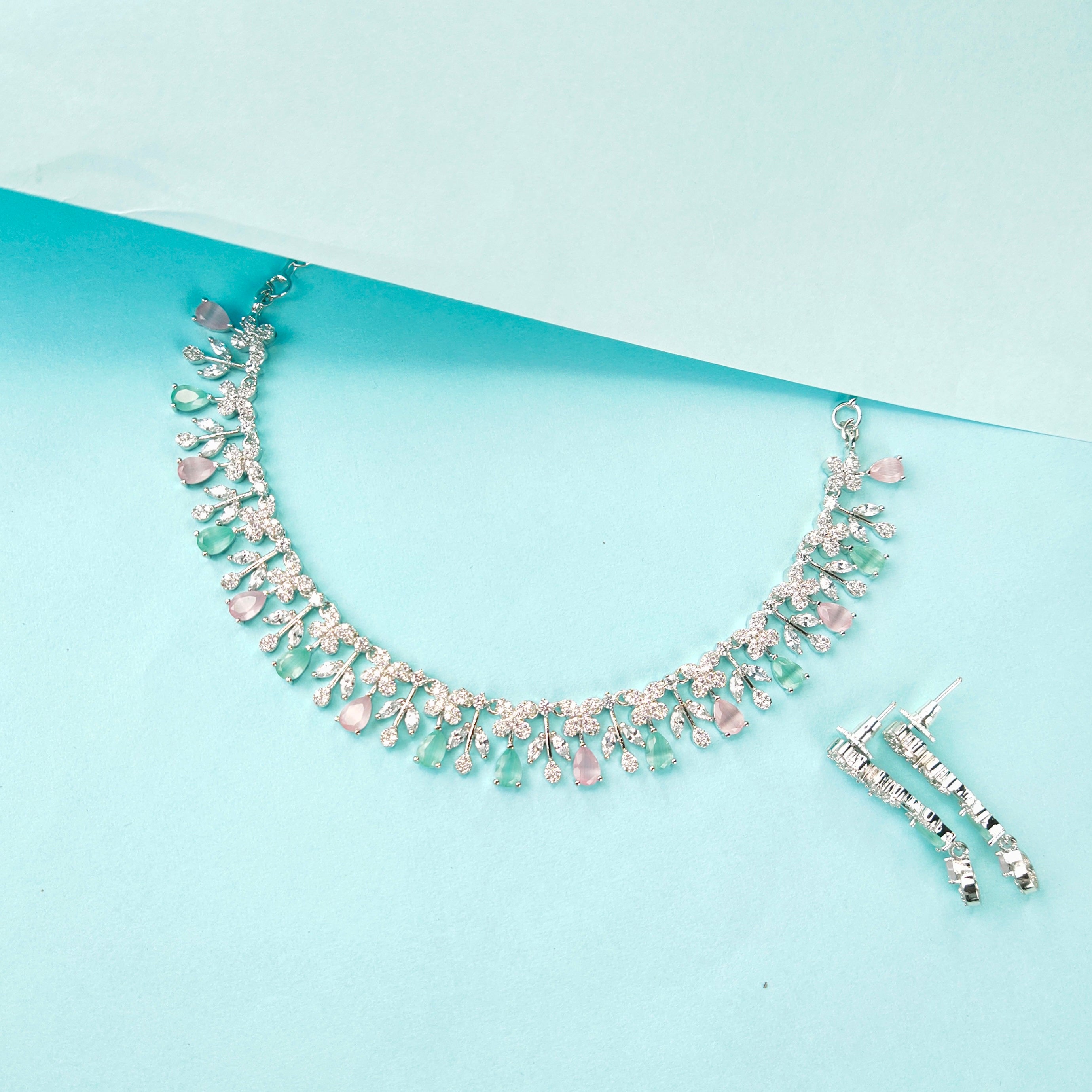 Pastel Green & Pink CZ Necklace Set - Colorful Cubic Zirconia Jewelry