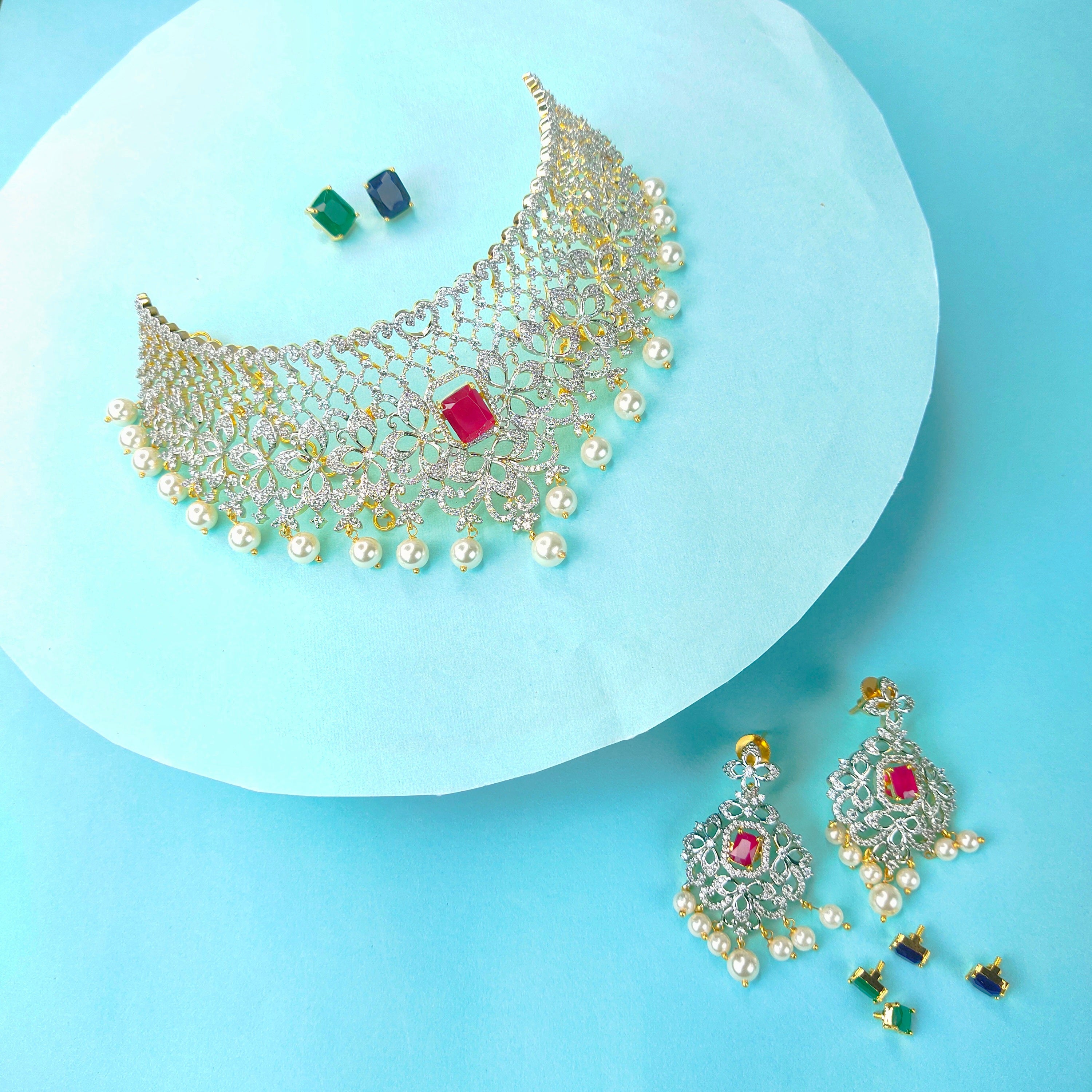 Diamond Stone Choker With Pearl Tassels-Necklace Set, Choker Necklace Set,  Fancy Jewelry, Trending Fashion Necklace,