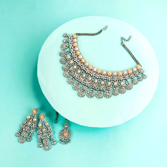 Charming Hyderabadi Pink Flower Beads With Pearls American Diamond Victorian Heavy Choker Set By Asp Fashion Jewellery