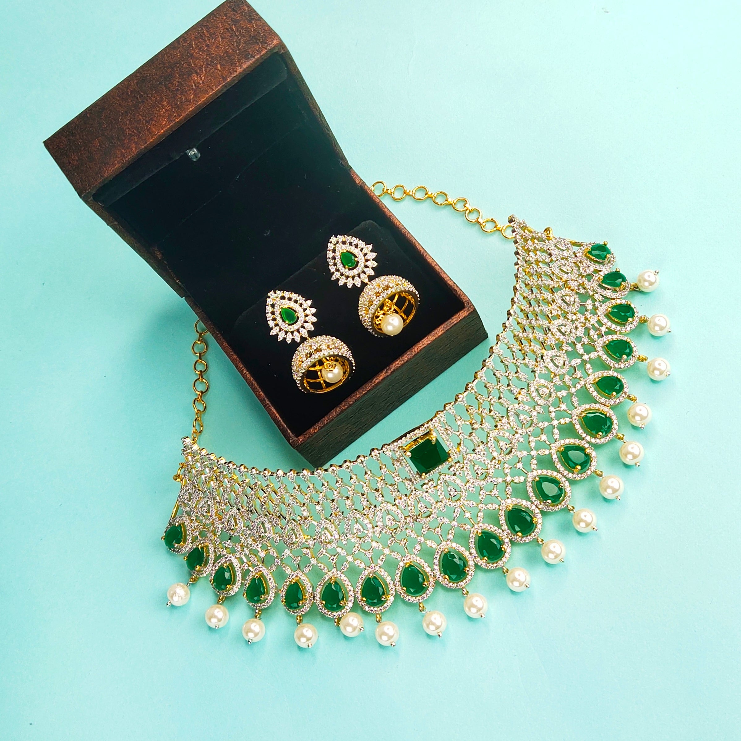 Evergreen Radiance Emerald Diamond Choker Set - Contemporary Bridal Jewelry