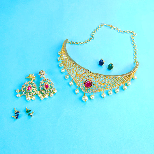 Changeable Colour Stone Choker Bridal Cz Imitation Choker Necklace Set By Asp Fashion Jewellery