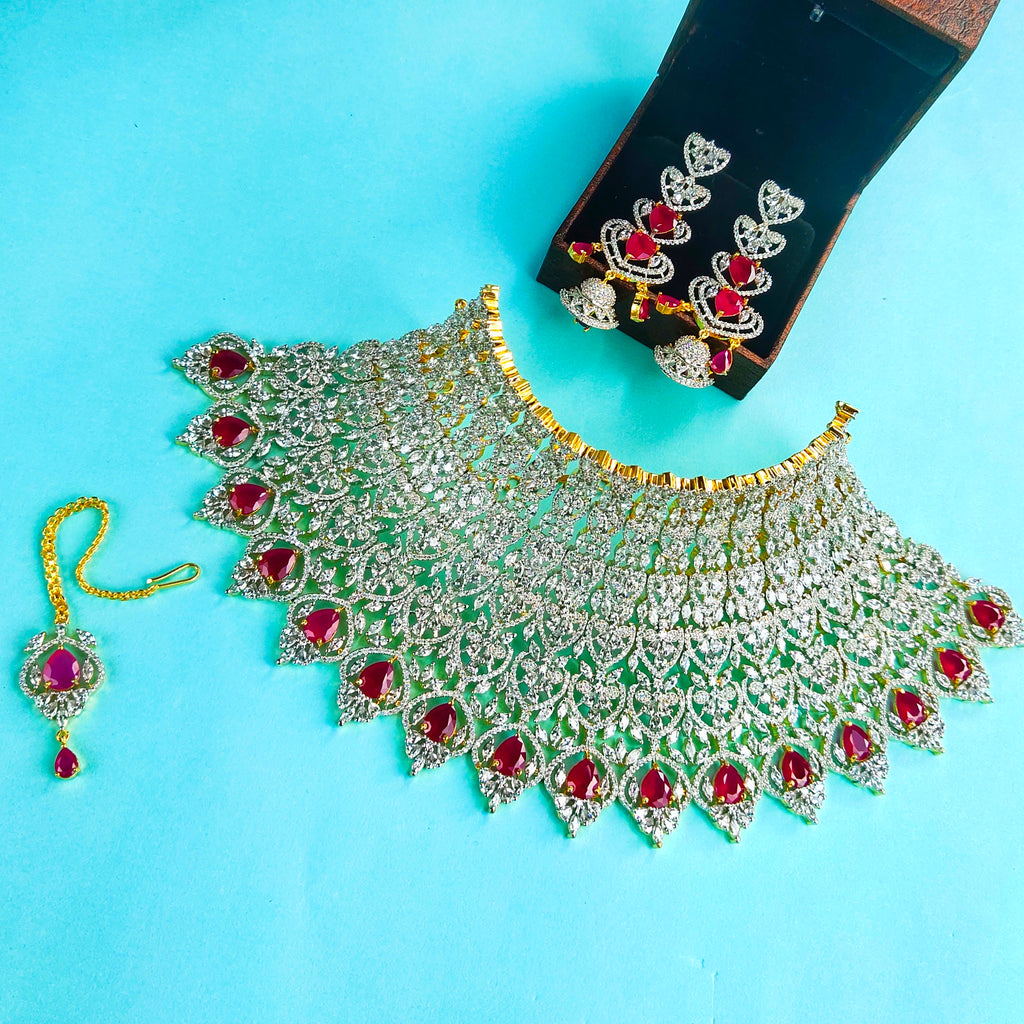 American Diamond Bridal Choker Set with Maang Tikka