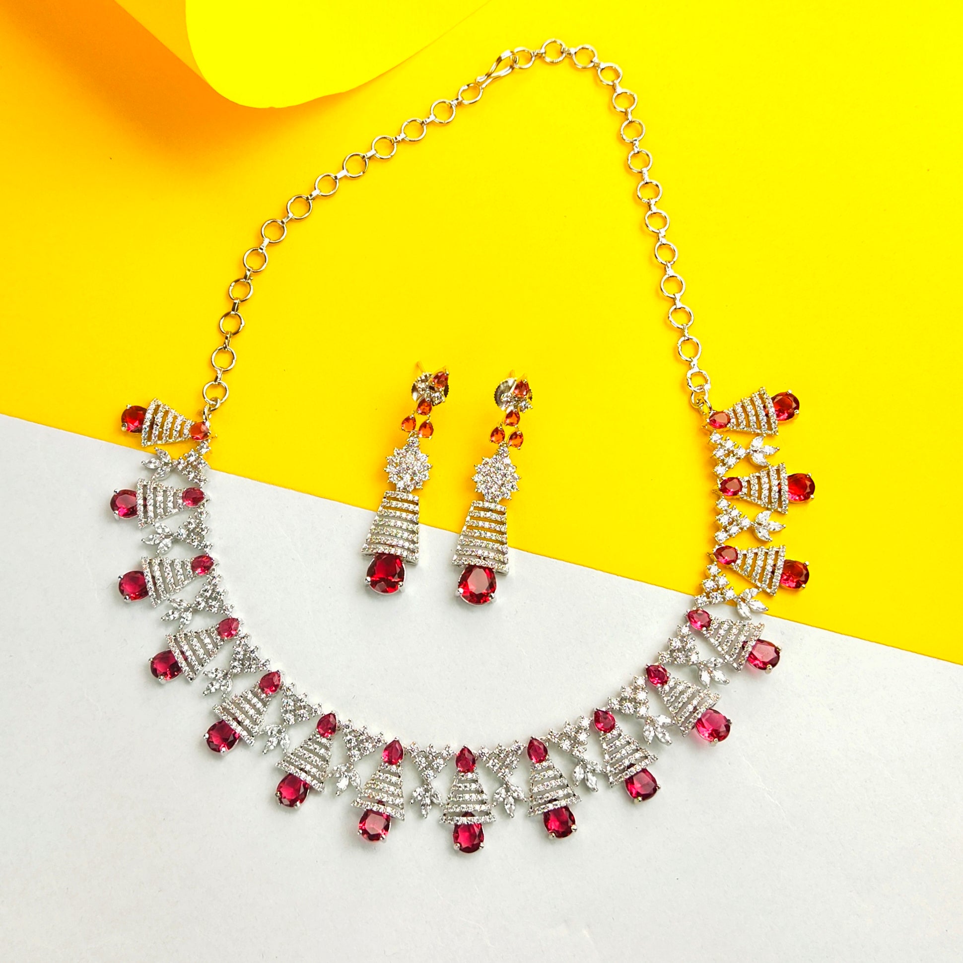 White Rhodium CZ Necklace Set - Premium Cubic Zirconia Design