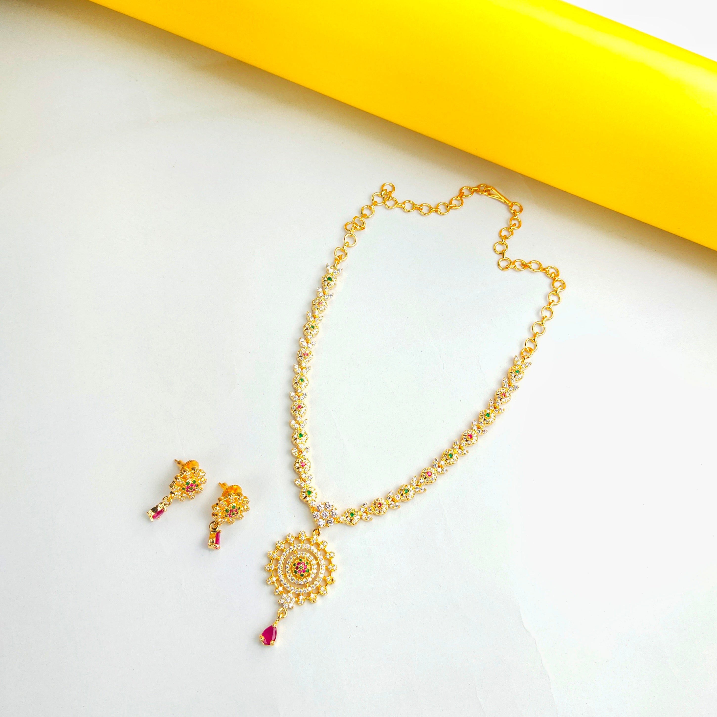CZ Short Necklace Set - 24K Gold Plated Traditional Jewellery