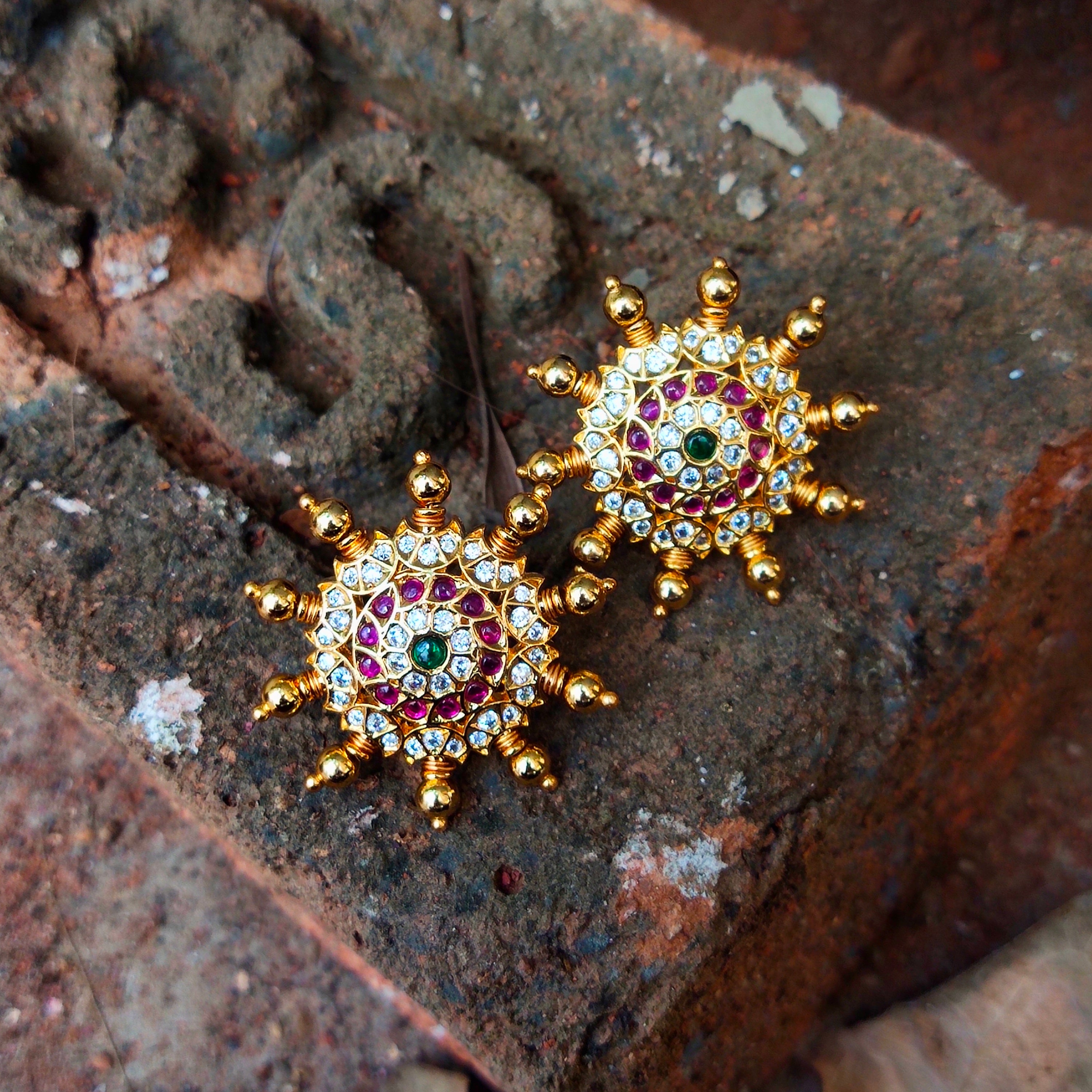 Kempu & CZ Stud Earrings - Traditional South Indian Temple Jewelry
