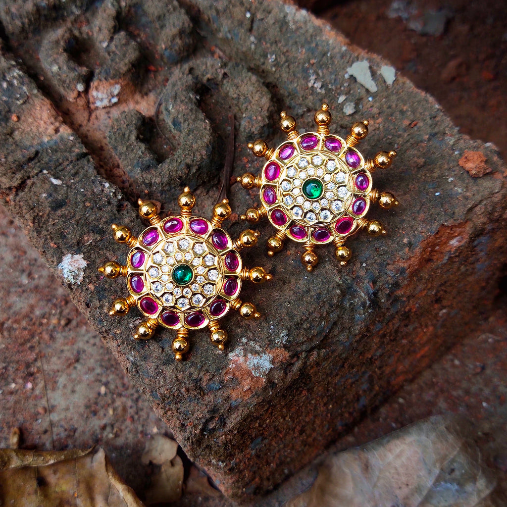 Kempu & CZ Stud Earrings - South Indian Temple Jewelry Design