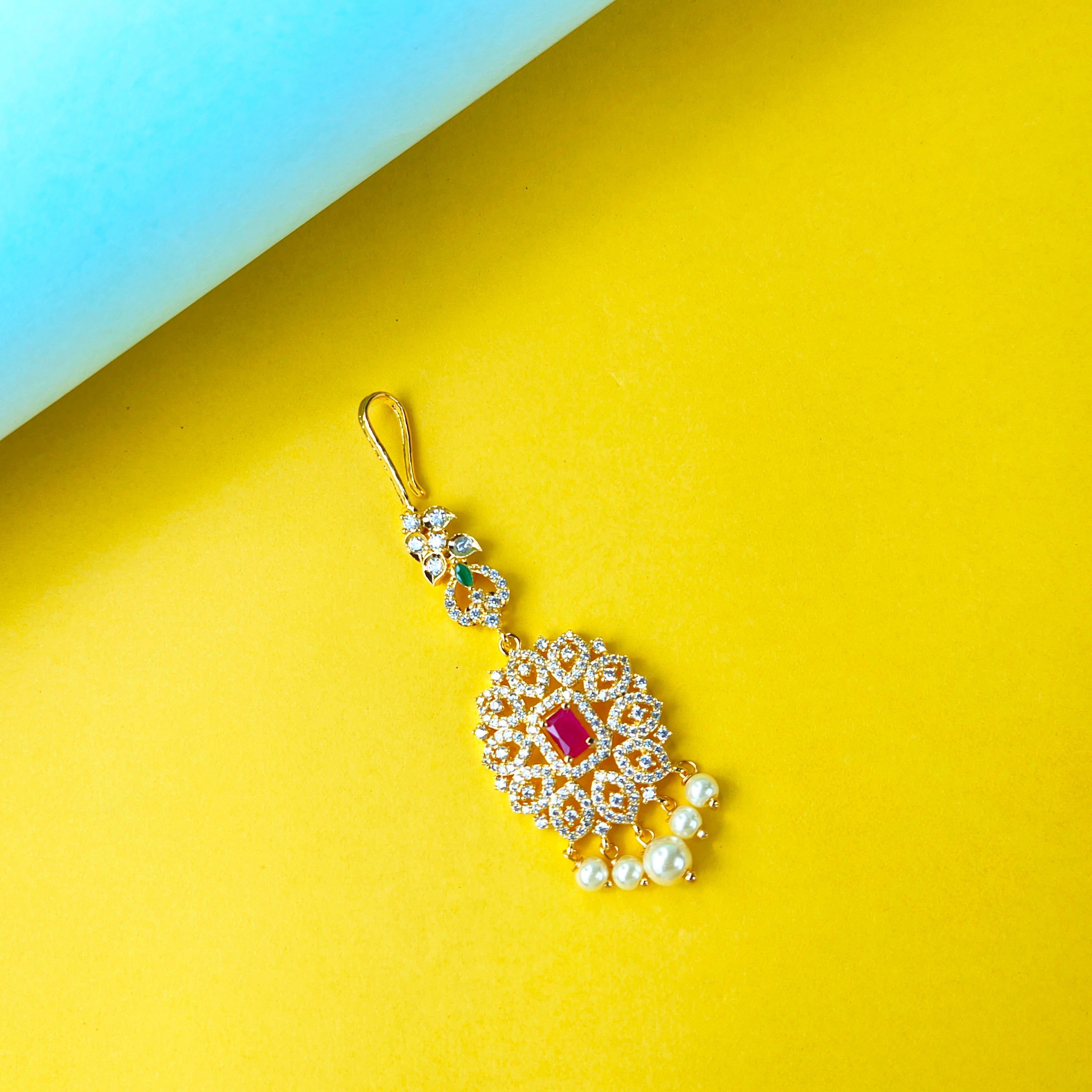 Beautiful CZ Maang Tika with Pearl Drops - 24K Gold Plated Bridal Jewelry