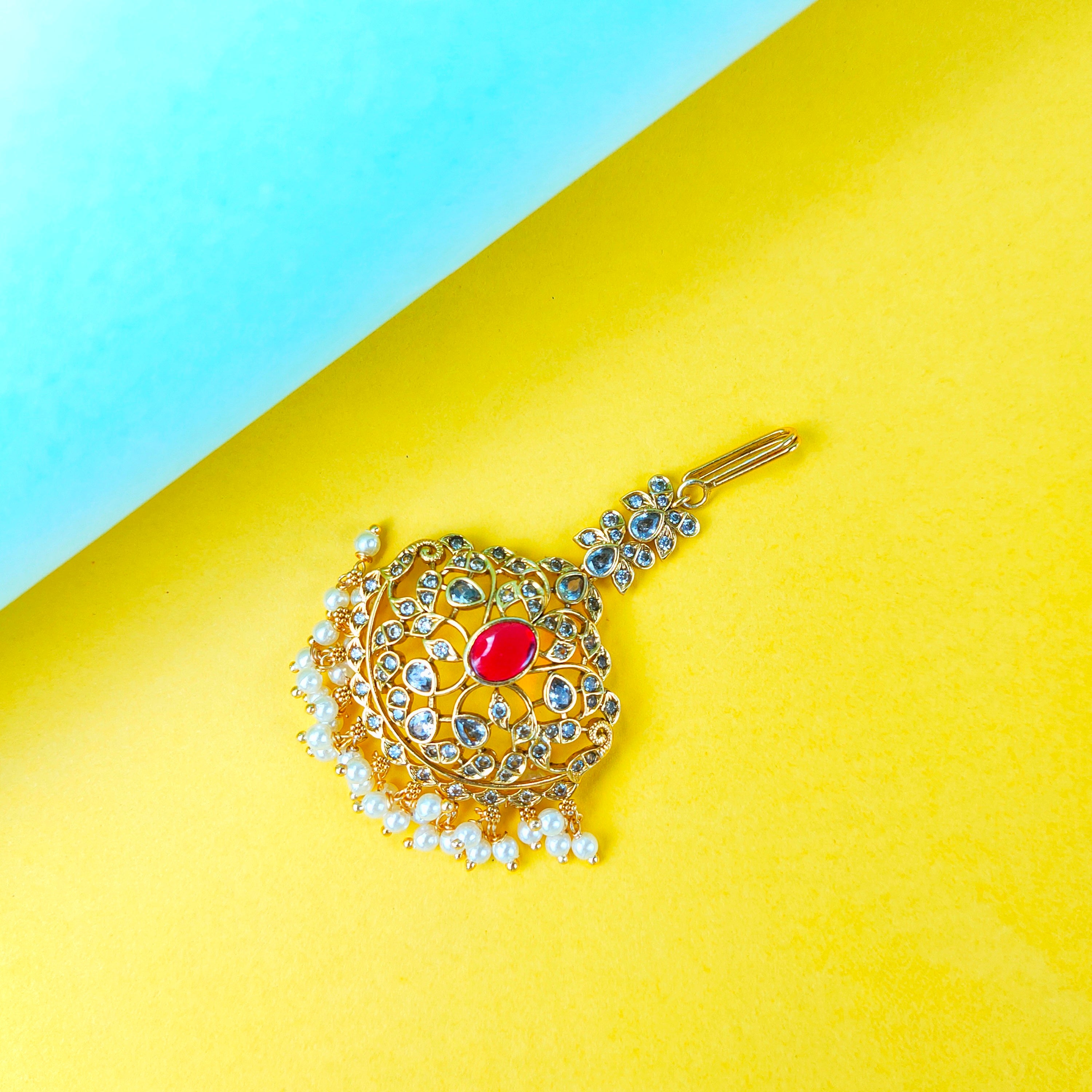 Elegant CZ Maang Tikka - 24K Gold Plated Traditional Bridal Jewelry