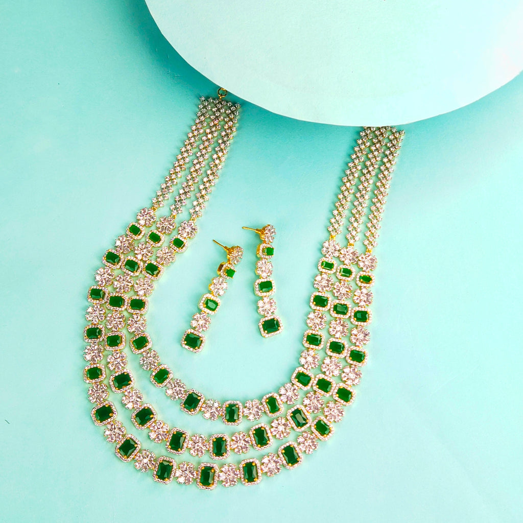 Three Step American Diamond & Emerald Necklace Set | 24K Gold | Bridal Jewellery