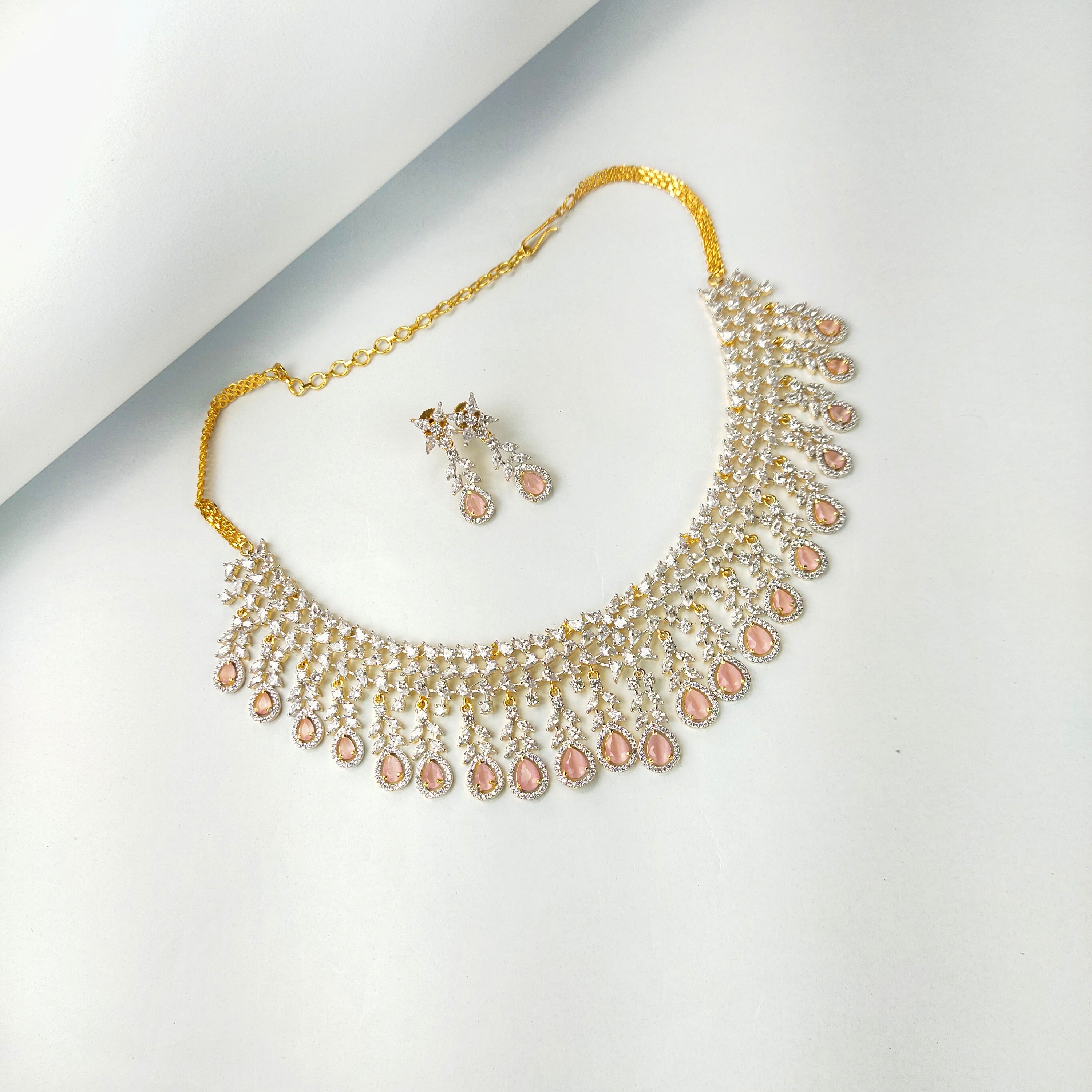 One Gram Gold American Diamond Necklace Set - 24K Gold Plated