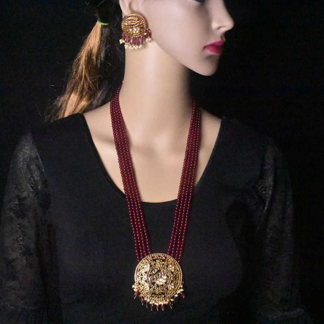Kempu & Kundan Pendent Set With Ruby Beads Necklace