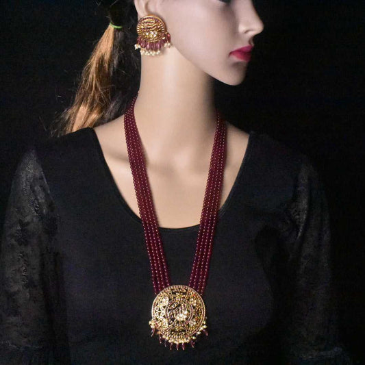 Kempu & Kundan Pendent Set With Ruby Beads Necklace