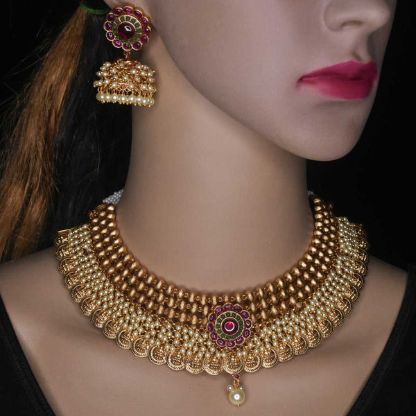 Matte Finish Ruby Choker Set with Jhumka - 24K Gold Plated Wedding Jewellery