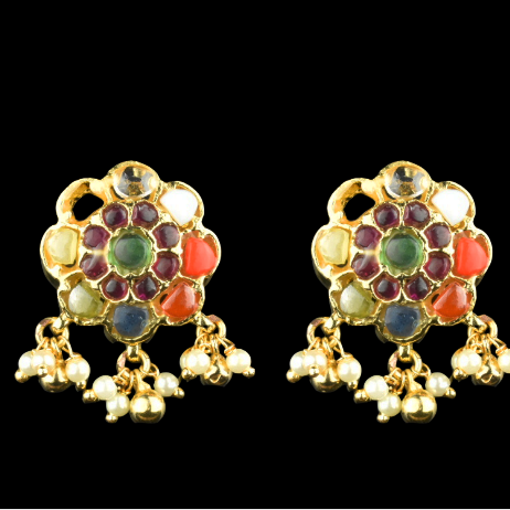 Navratna Studs with Pearls - Traditional Saree Earrings Gold Plated