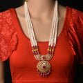 Pearl & Ruby CZ Rani Haram Necklace Set with Chandbali Earrings