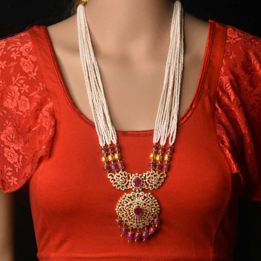 Pearl & Ruby CZ Rani Haram Necklace Set with Chandbali Earrings