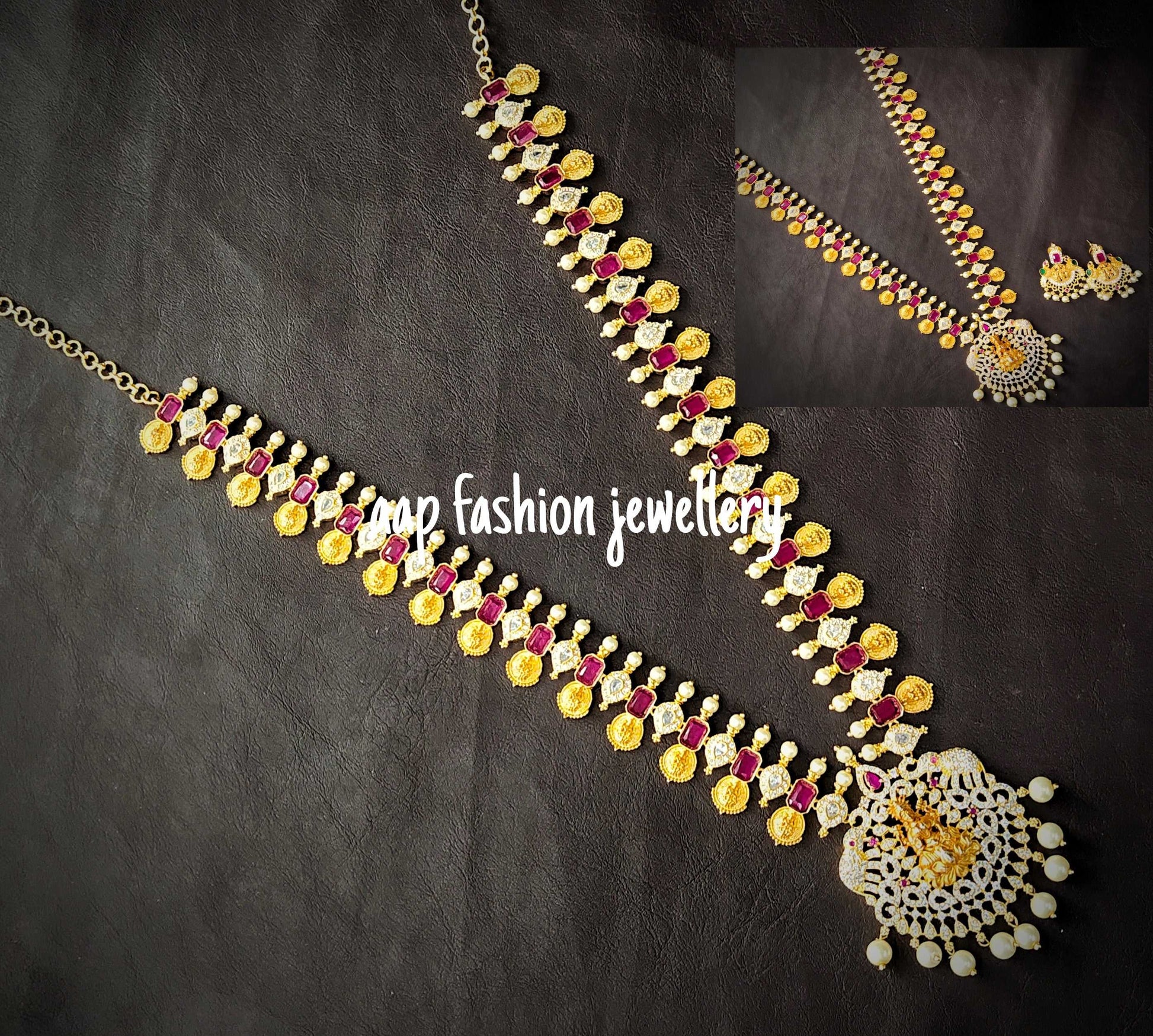 Gold Finish Goddess Laxmi Long Necklace Set