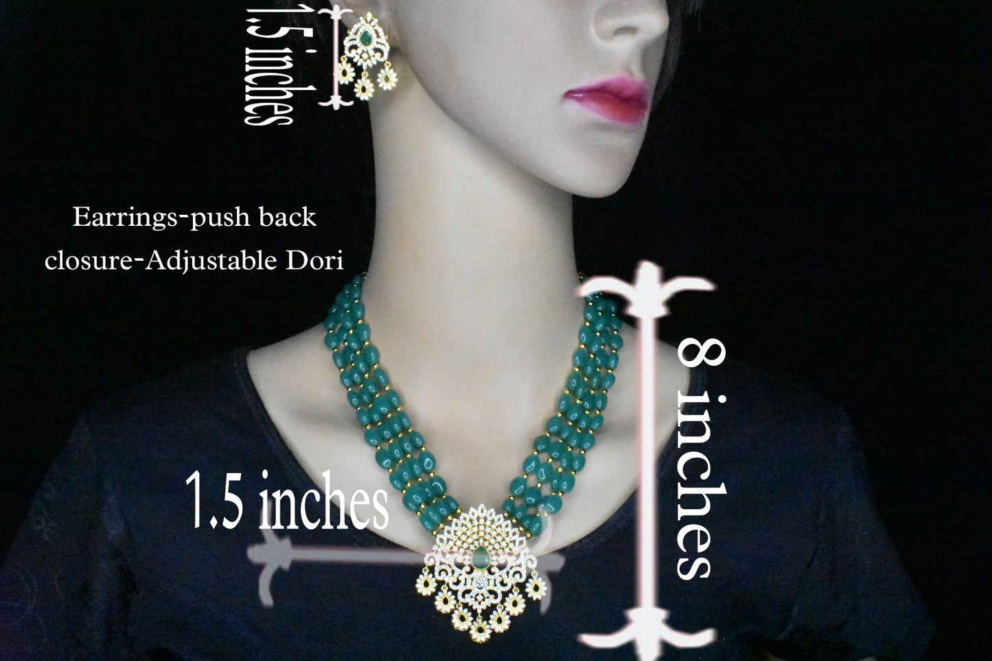 Emerald beads necklace with Cz pendant
Set