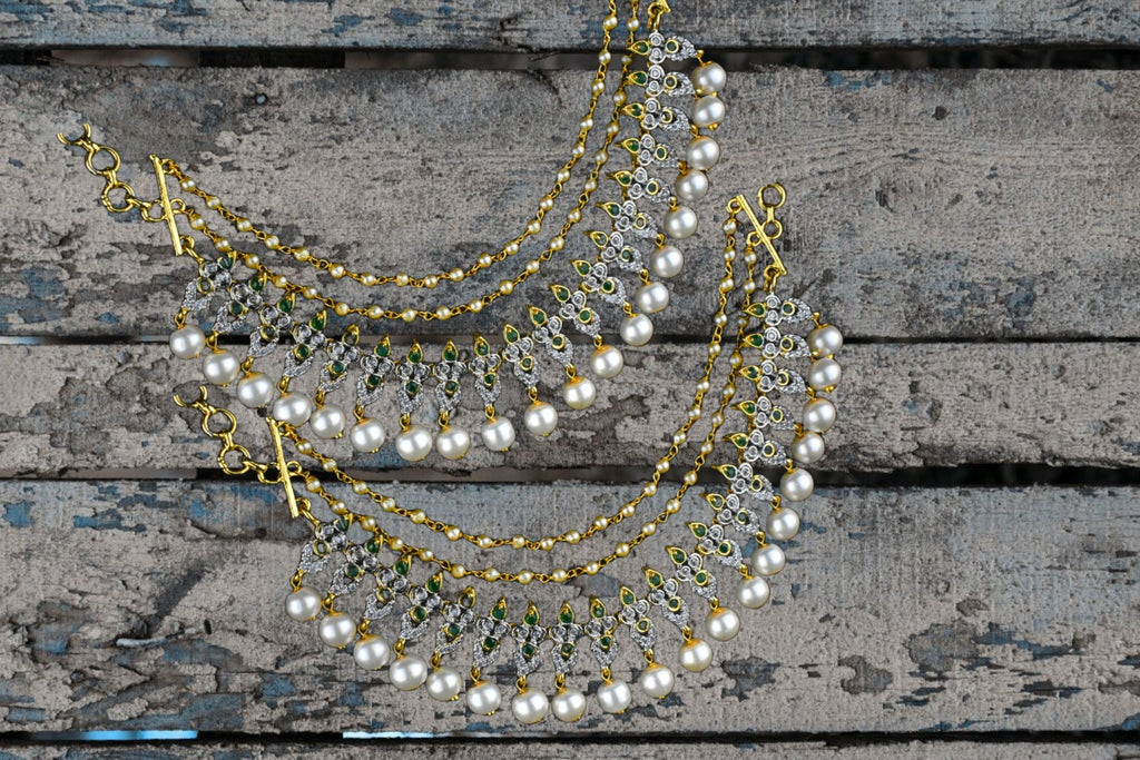 CZ Ruby Emerald Pearl Champaswaralu - 24K Gold Ear Chains