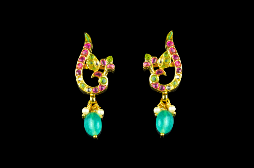 Kempu Peacock Studs 1.5 Inch - Emerald Beaded Traditional Earrings