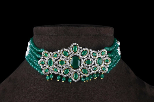 American Diamond Pendant & Emralds Beads Choker Set By Asp Fashion Jewellery 