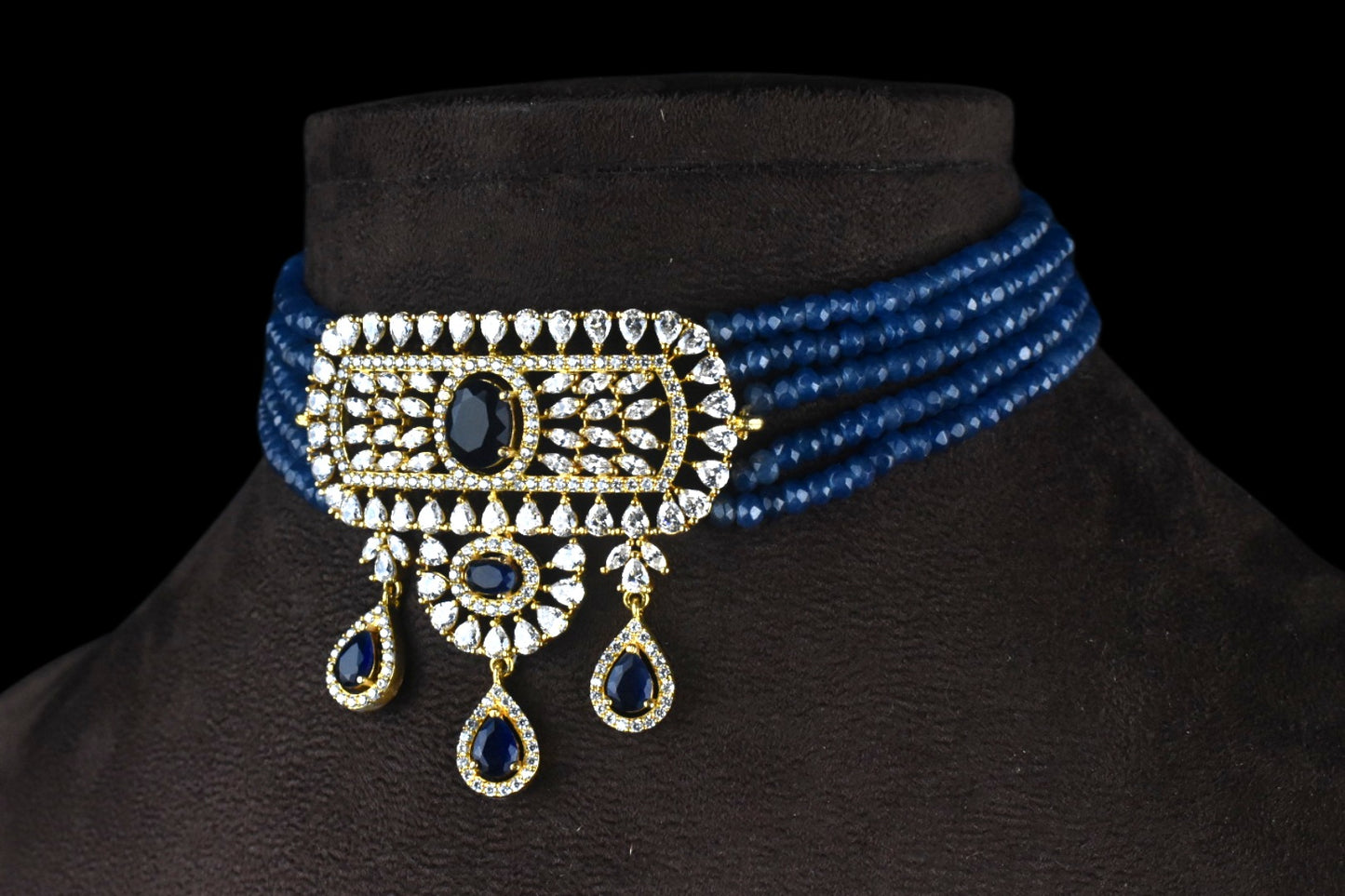 American Diamond Pendant With Blue Beads Choker Set By Asp Fashion Jewellery 