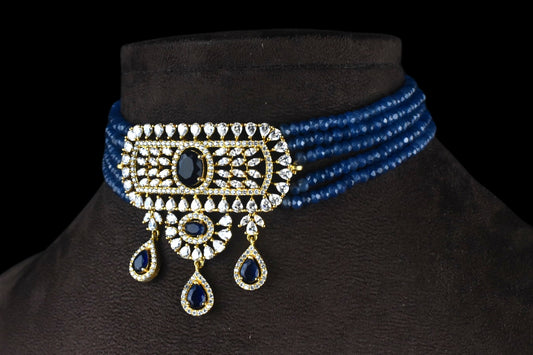 American Diamond Pendant With Blue Beads Choker Set By Asp Fashion Jewellery 