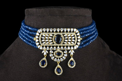 American Diamond Pendant With Blue Beads Choker Set By Asp Fashion Jewellery 