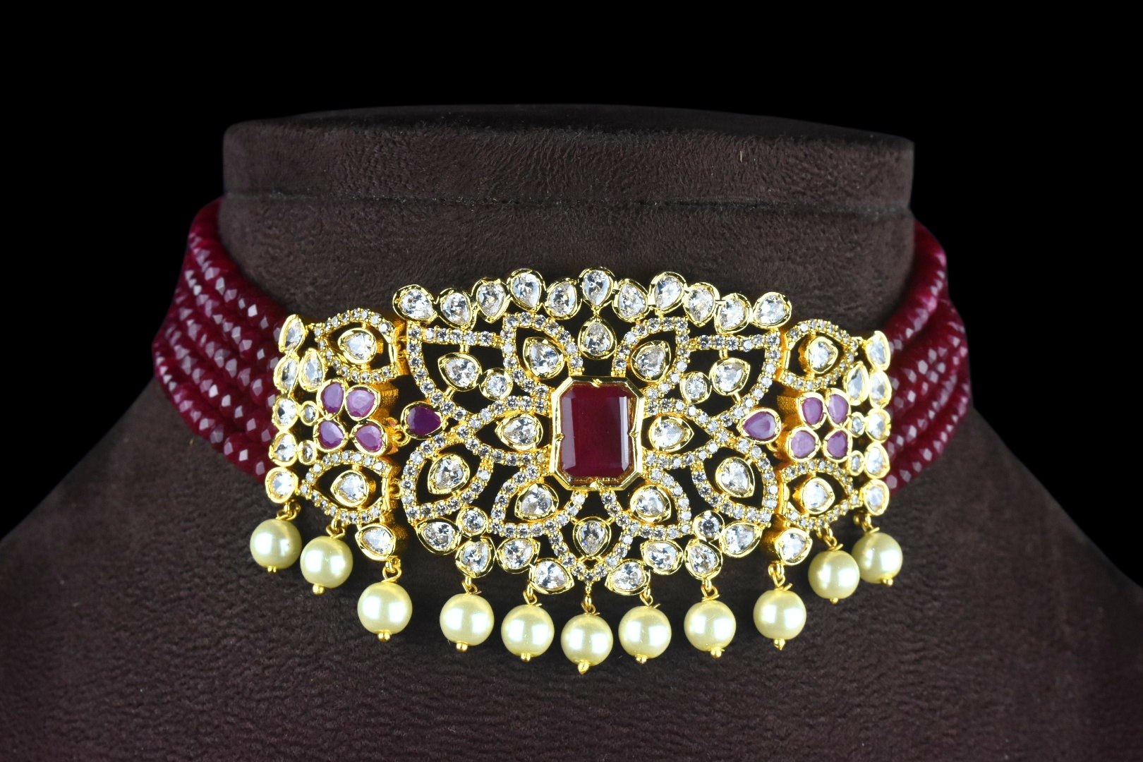 Cz Pendant & Ruby Beads Choker Set By Asp Fashion Jewellery