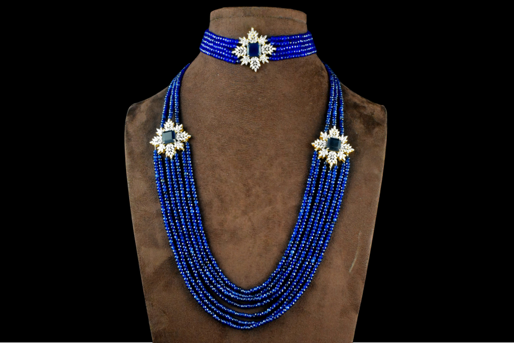 American Diamond Blue sapphire Beads Choker With Long Haram Combo Set By Asp Fashion Jewellery