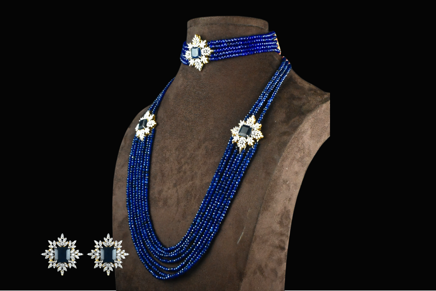 American Diamond Blue sapphire Beads Choker With Long Haram Combo Set By Asp Fashion Jewellery