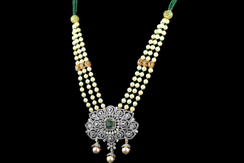 American Diamond Pendant Set with 3-Layer Pearl Necklace - Emerald Accents